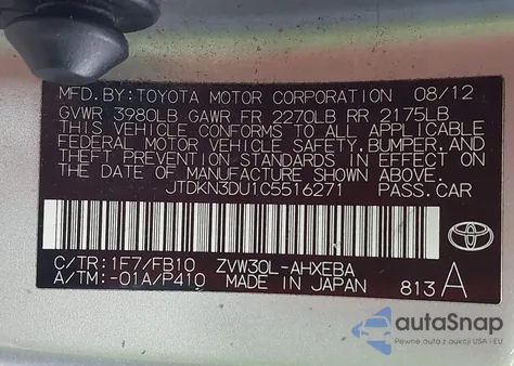 2012 Toyota Prius Two z USA, uszkodzony, nr VIN JTDKN3DU1C5516271